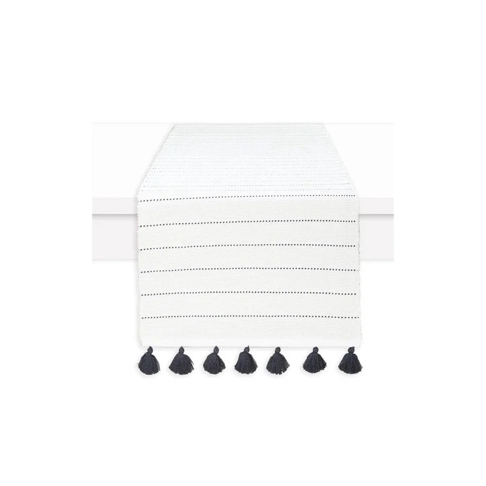PurpleEssences Cotton Table Runner 14x72 White Gray Stripe Tassels Farmhouse NEW